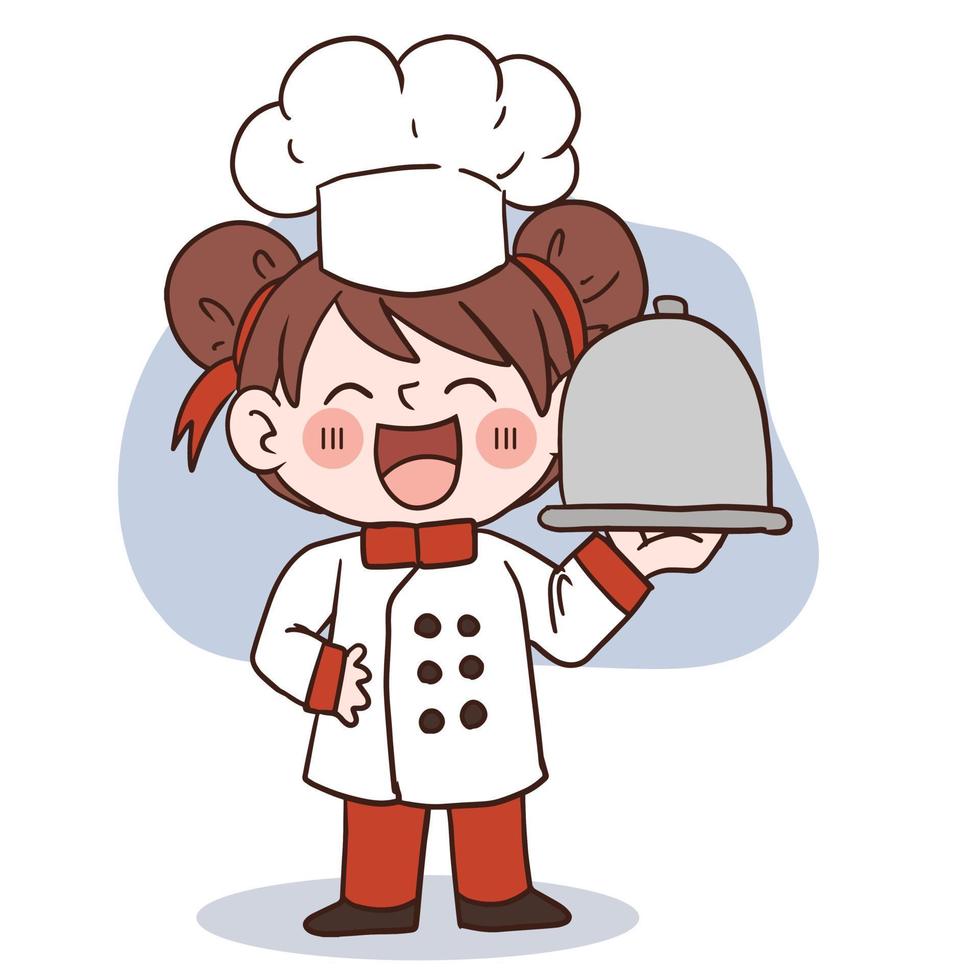 gelukkige glimlach meisje chef.kid koken concept.doodle hand getekende vectorillustratie. vector