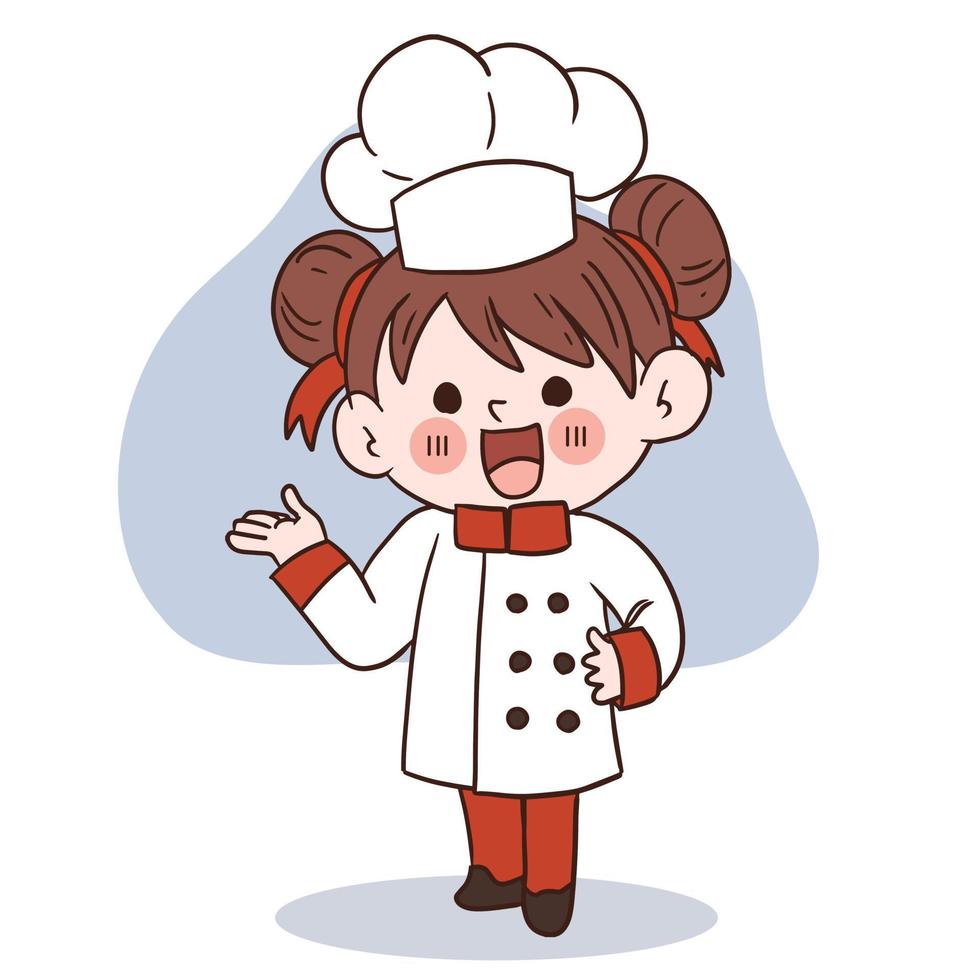 gelukkige glimlach meisje chef.kid koken concept.doodle hand getekende vectorillustratie. vector