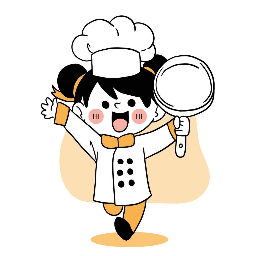 gelukkige glimlach meisje chef.kid koken concept.doodle hand getekende vectorillustratie. vector