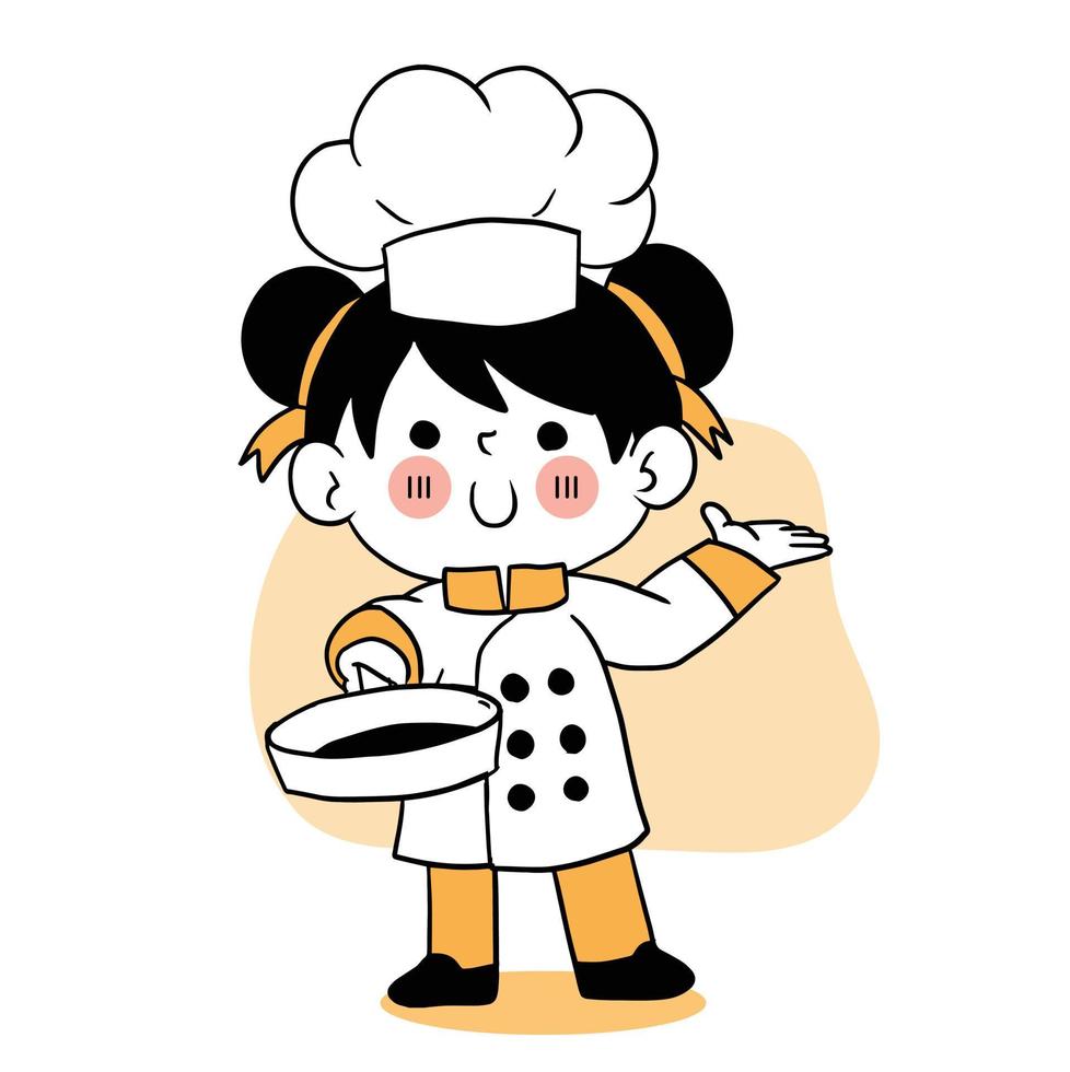 gelukkige glimlach meisje chef.kid koken concept.doodle hand getekende vectorillustratie. vector