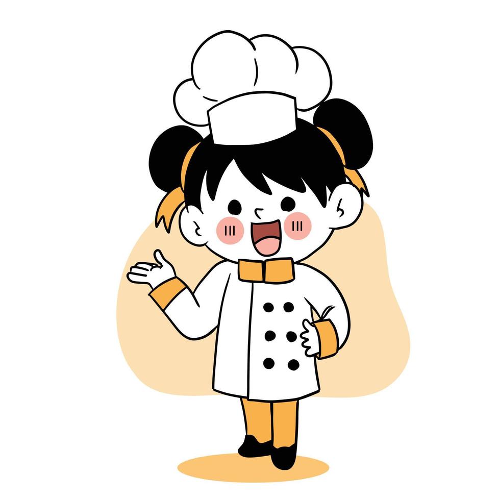 gelukkige glimlach meisje chef.kid koken concept.doodle hand getekende vectorillustratie. vector