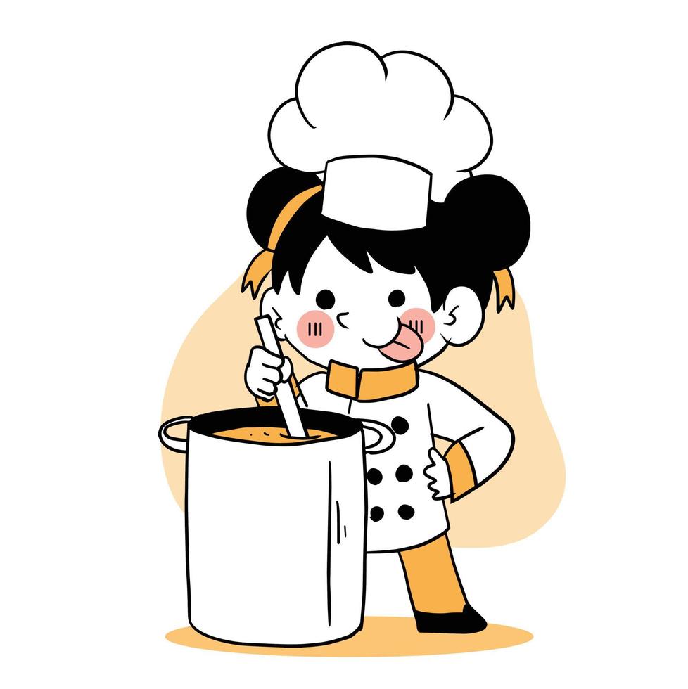 gelukkige glimlach meisje chef.kid koken concept.doodle hand getekende vectorillustratie. vector