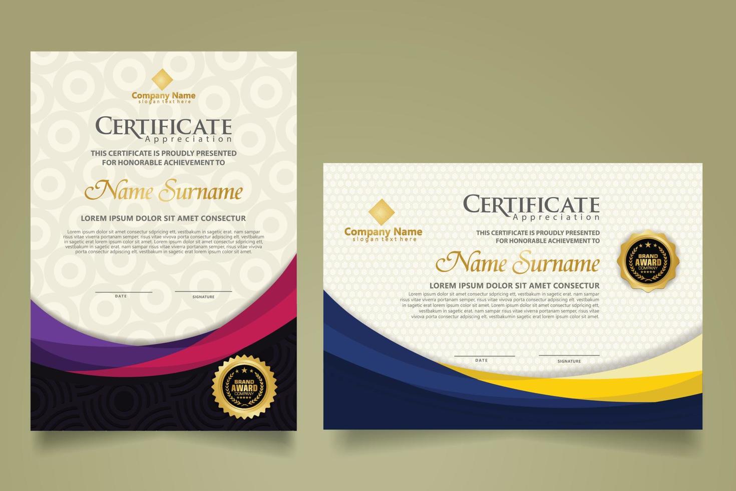 moderne certificaatsjabloon instellen met futuristische en elegante kleurgolfvorm op het ornament en de moderne patroonachtergrond vector