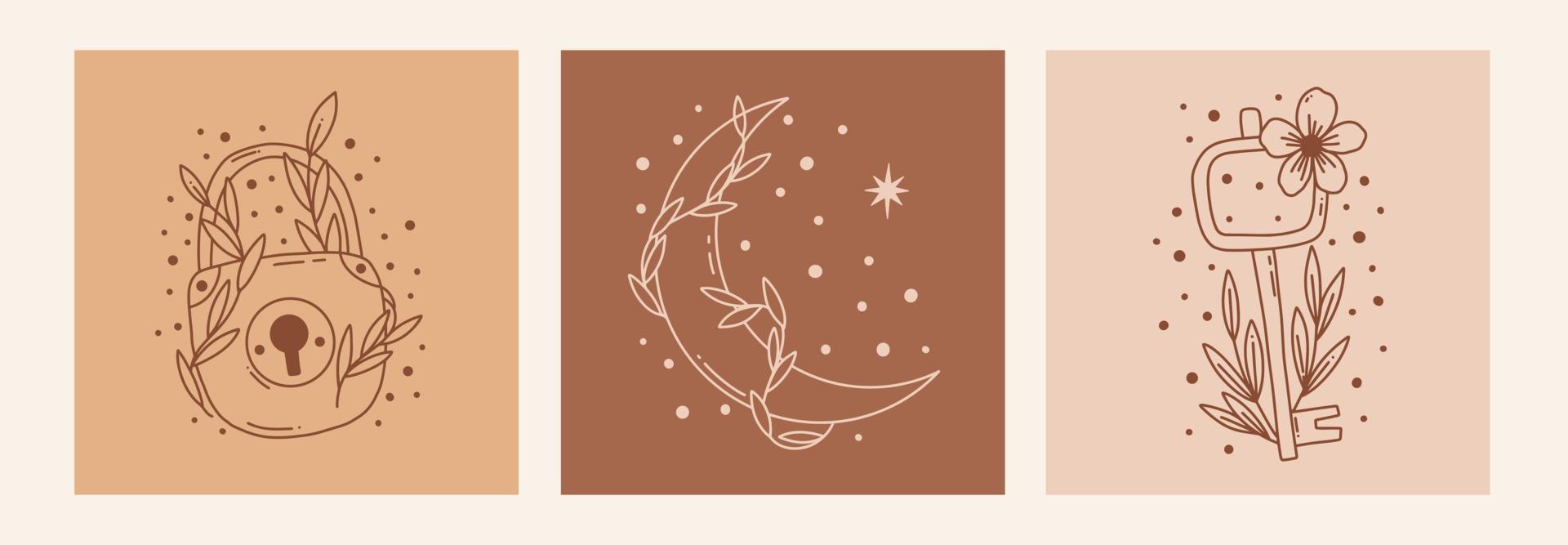 boho mystieke doodle esoterische set. magische lijnkunstposter met maan, sleutel, slotbloem. Boheemse moderne vectorillustratie vector