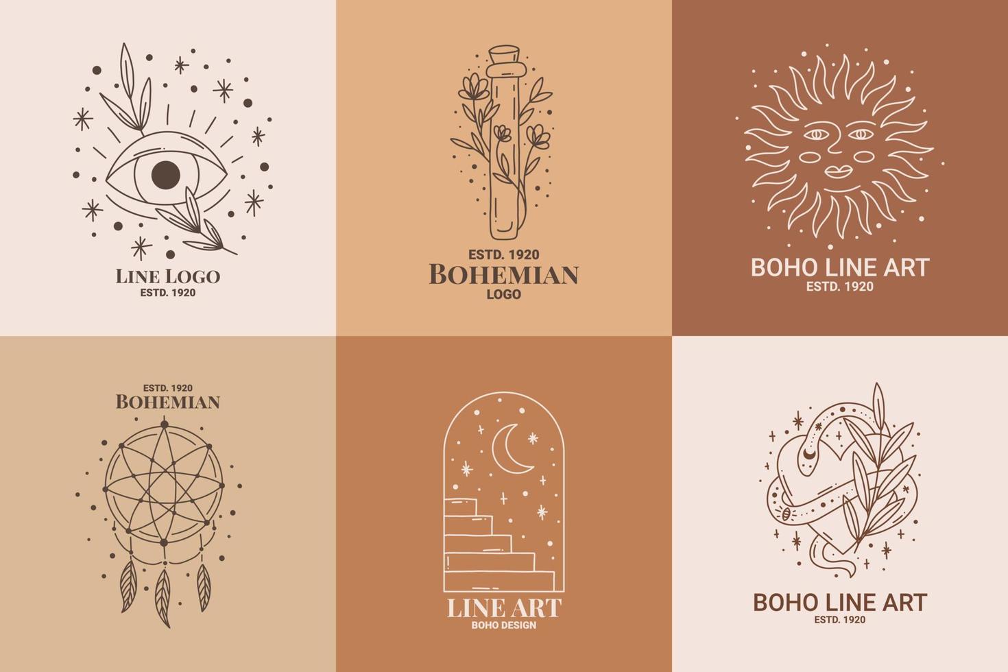 boho mysticus doodle esoterische logo set. magisch lijnkunstpictogram met oog, vergif, zon, dromenvanger, boog, trap, horen, slang vector