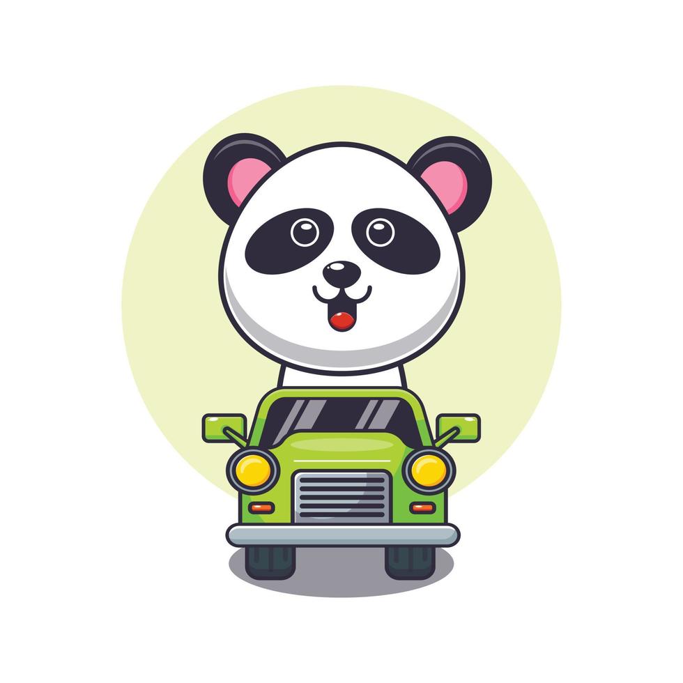 schattige panda mascotte stripfiguur ritje op auto vector