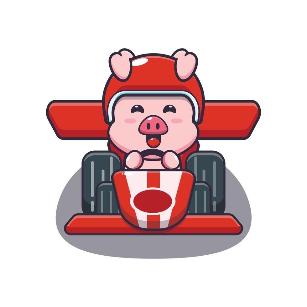 schattig varken mascotte stripfiguur rijden raceauto vector