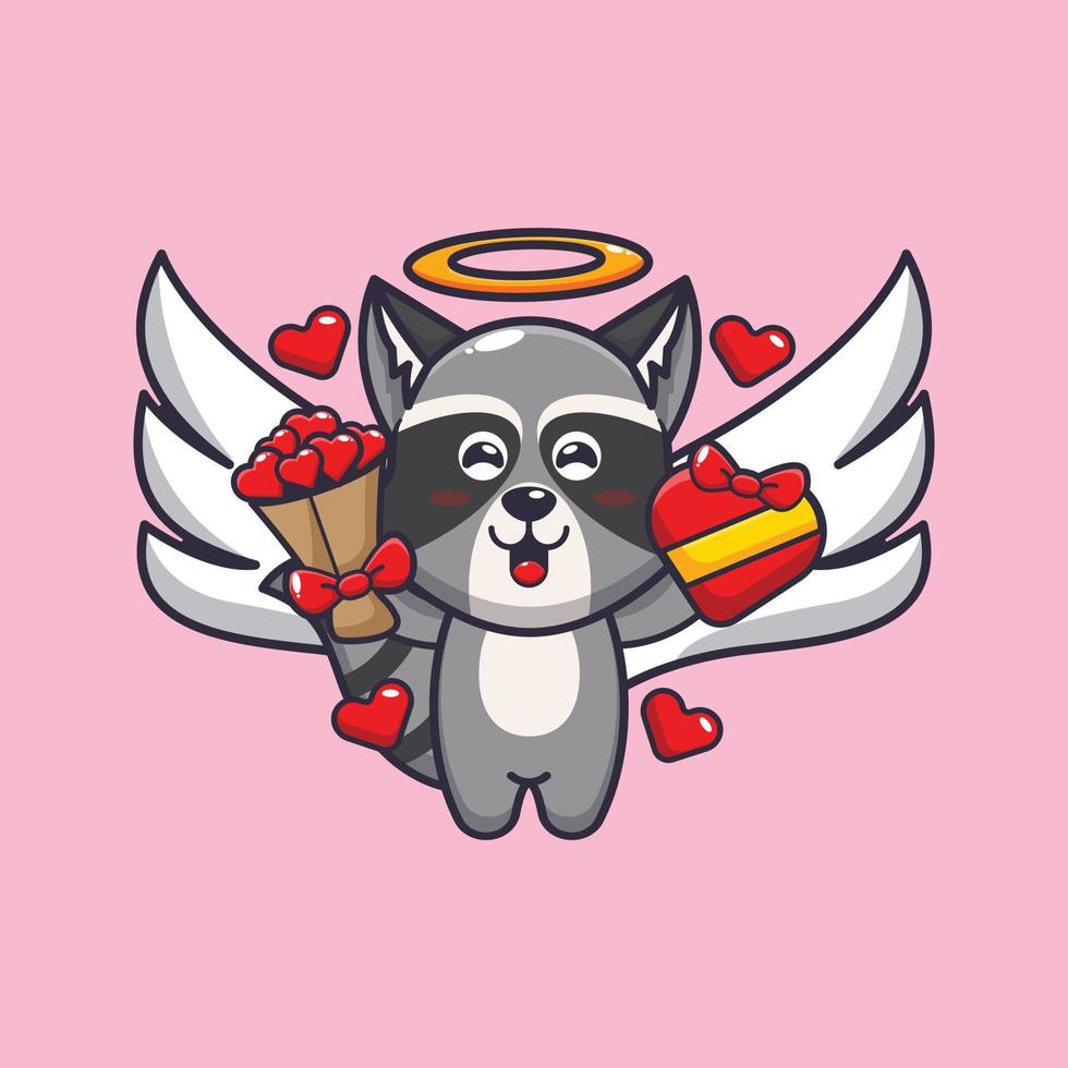 schattig wasbeer cupido stripfiguur met liefdescadeau en liefdesboeket vector