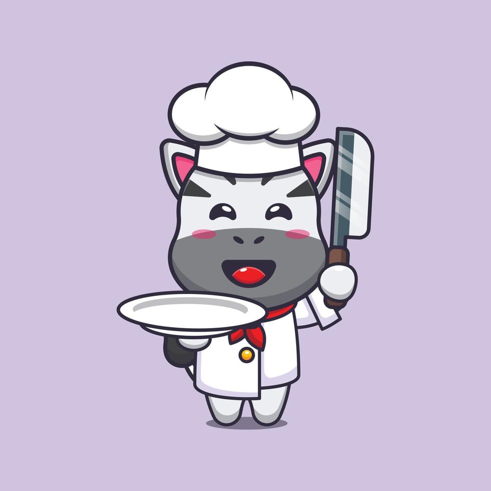 schattig zebra chef-kok mascotte stripfiguur met mes en bord vector