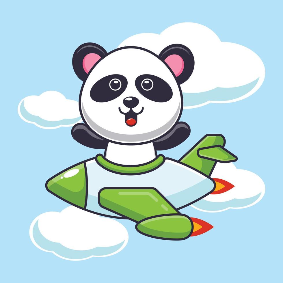 schattige panda mascotte stripfiguur ritje op vliegtuigjet vector