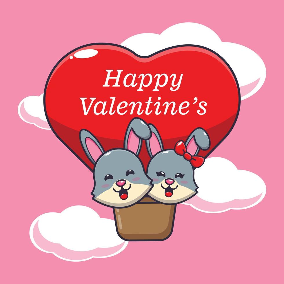 schattig konijn stripfiguur vlieg met luchtballon in Valentijnsdag vector
