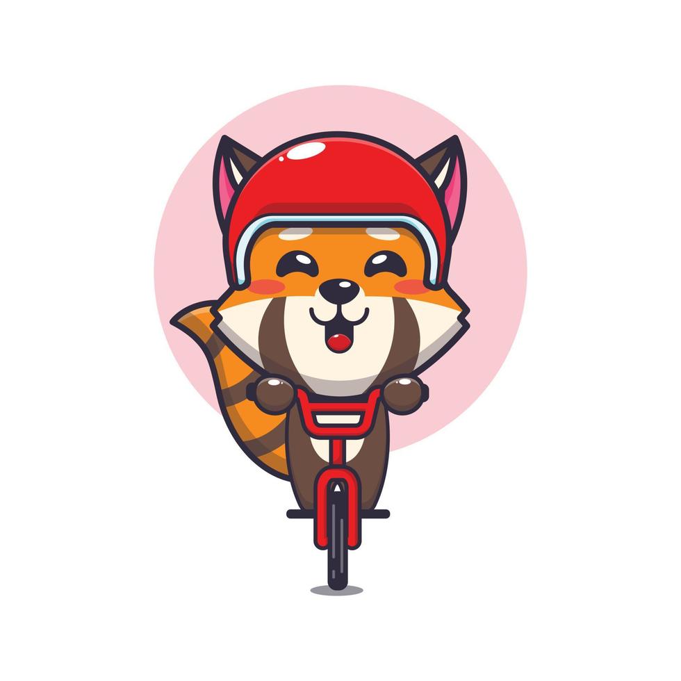 schattige rode panda mascotte stripfiguur rit op de fiets vector