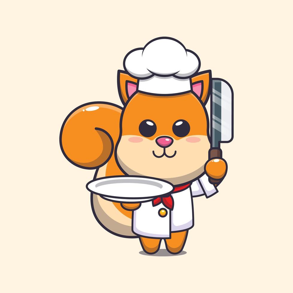 schattige eekhoorn chef-kok mascotte stripfiguur met mes en bord vector