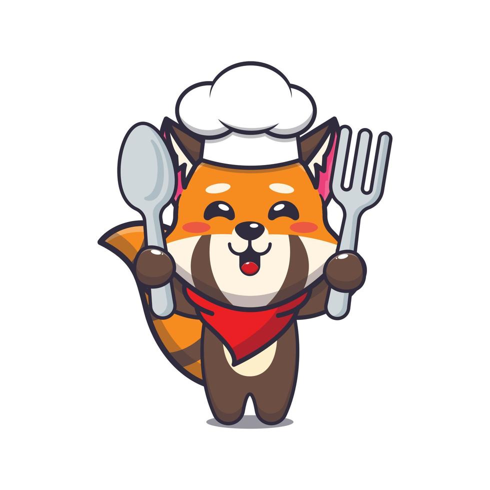 schattige rode panda chef-kok mascotte stripfiguur met lepel en vork vector