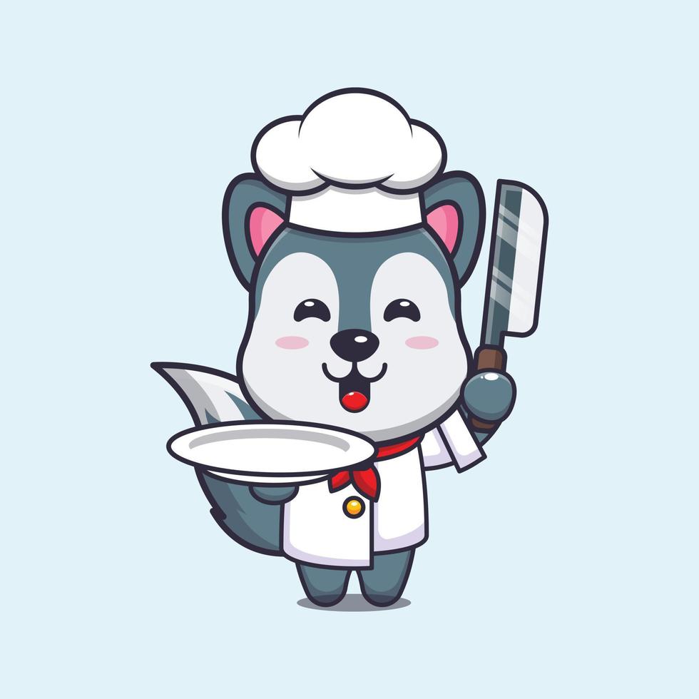 schattige wolf chef-kok mascotte stripfiguur met mes en bord vector