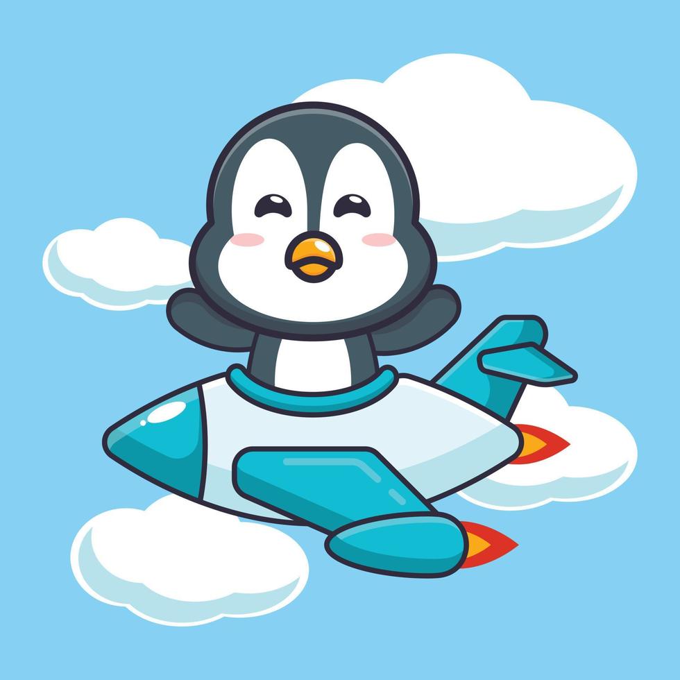 schattige pinguïn mascotte stripfiguur rit op vliegtuig jet vector