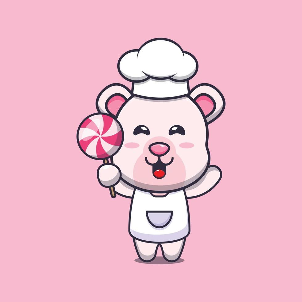 schattige ijsbeer chef-kok mascotte stripfiguur met snoep vector