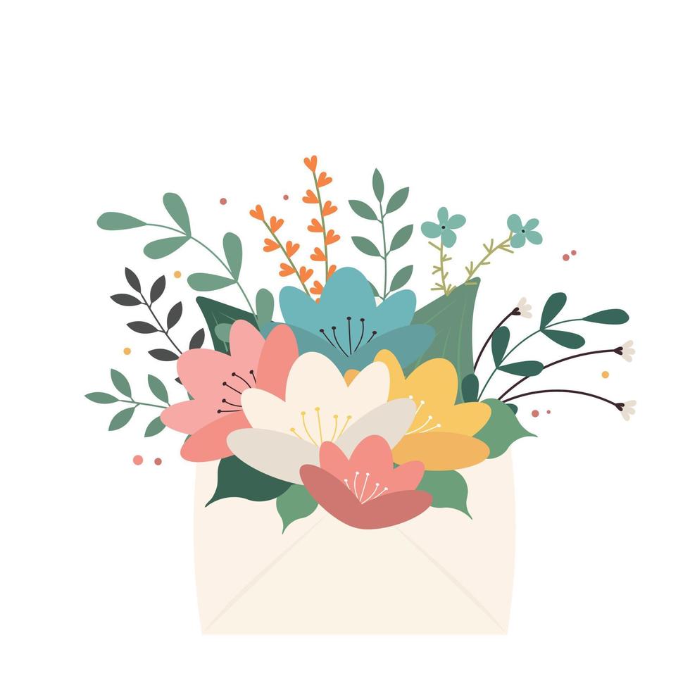 wenskaart met envelop en bloemen. ansichtkaart op 8 maart, moederdag vector