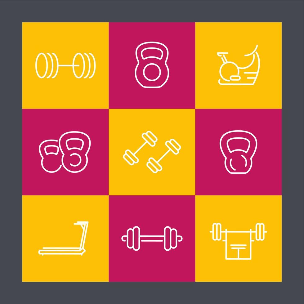 gym apparatuur lijn iconen set, fitness, training, training vector
