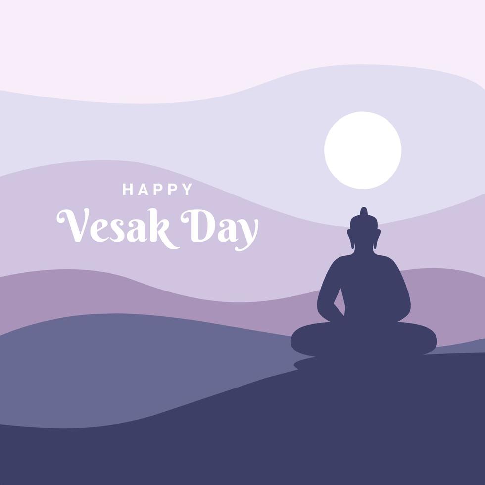 silhouet van een meditatieboeddha op een heuvel met lucht en maanachtergrond, vlak stijlontwerp, als sjabloon voor vesak-dag en boeddha-purnima-dag. vectorillustratie. vector