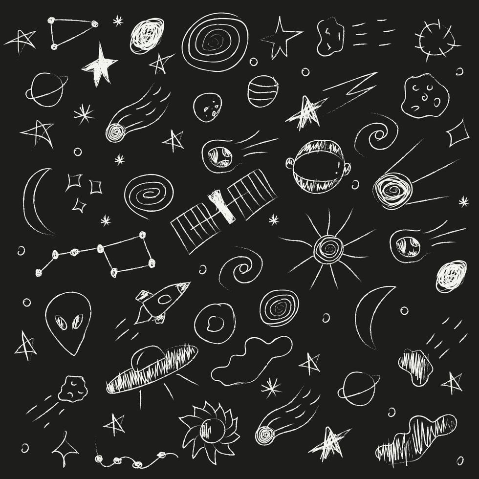 vector handgetekende doodle van ruimte. planeten, alien, grote beer, zon, zwart gat, raket, maan, satelliet, asteroïde, spiraal, wolk, sterren, ufo