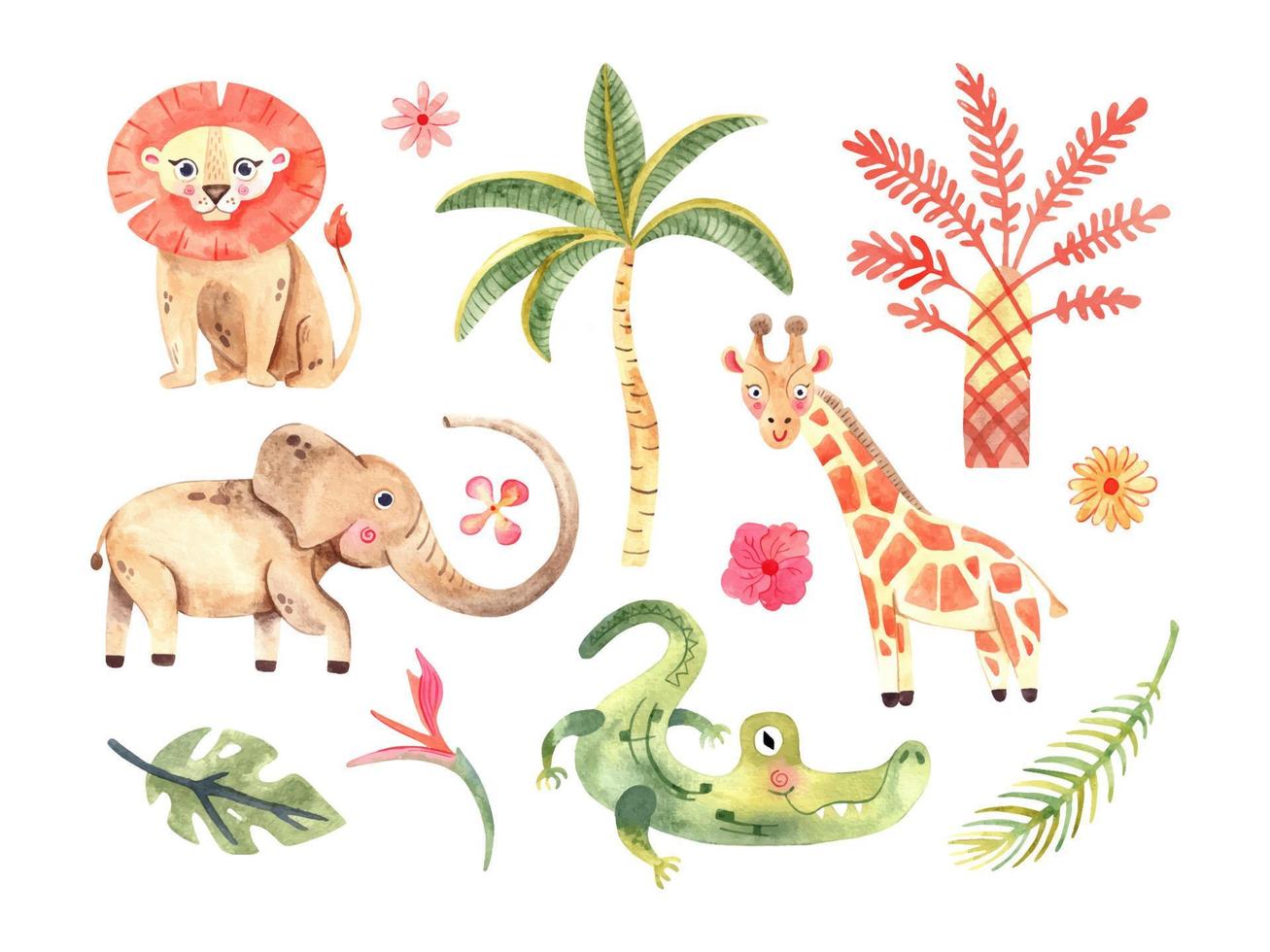 aquarel compositie met Afrikaanse dieren en natuurlijke elementen. leeuw, olifant, alligator, giraf, palmbomen, bloemen. safari wilde wezens. jungle, tropische illustratie voor kinderkamerbehang vector