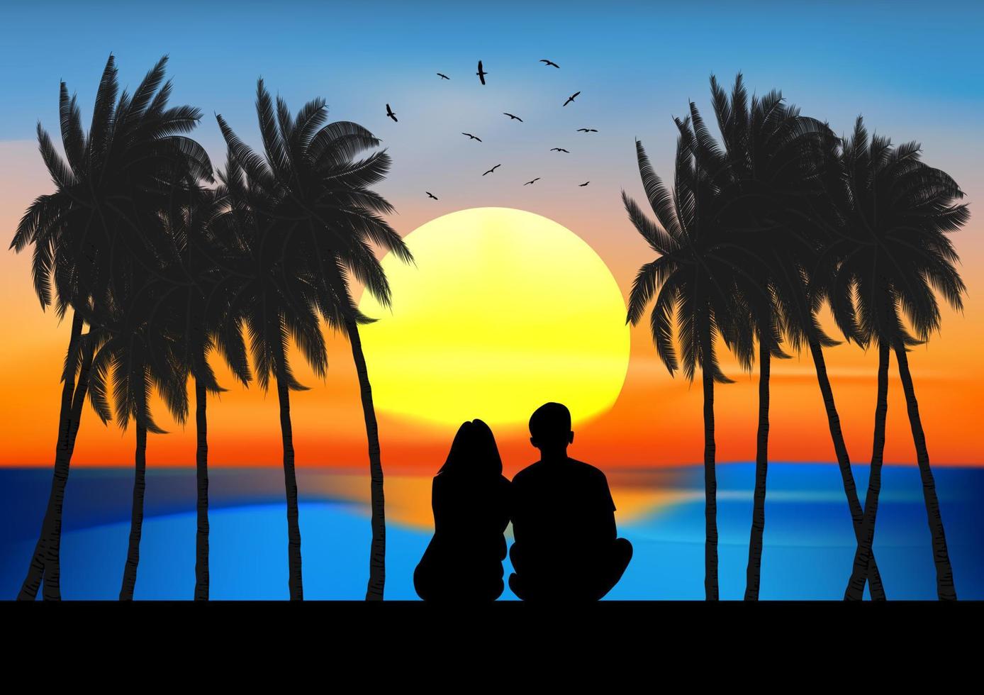 grafische afbeelding een paar man en vrouw zitten kijken naar zonsondergang op het strand ontwerp vectorillustratie vector