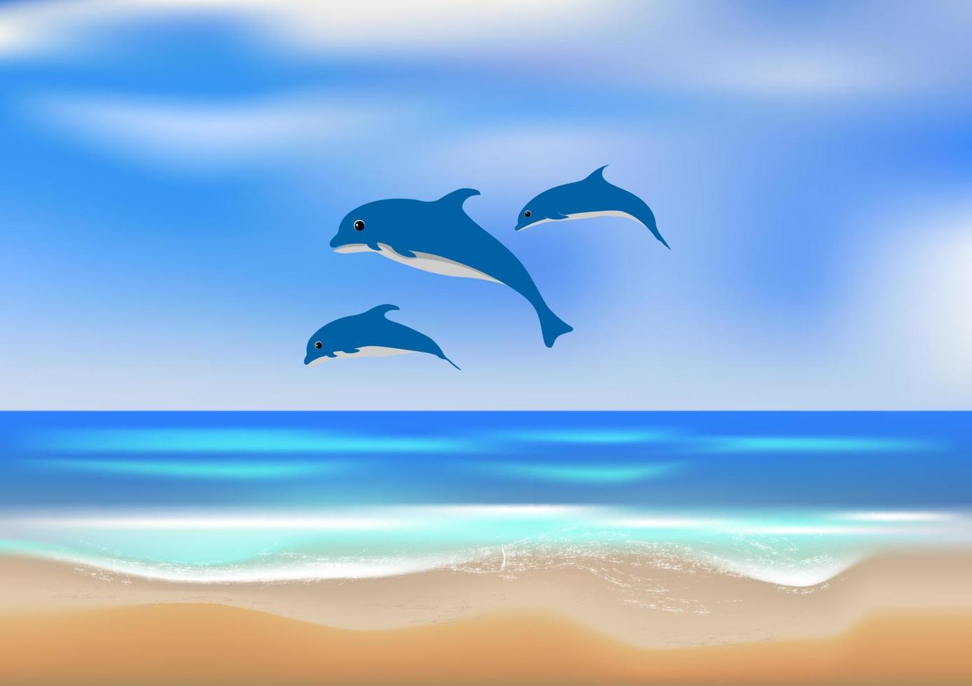 landschapsmening bij oceaan leuke dolfijnvissen gelukkig springend met golf vectorillustratie vector