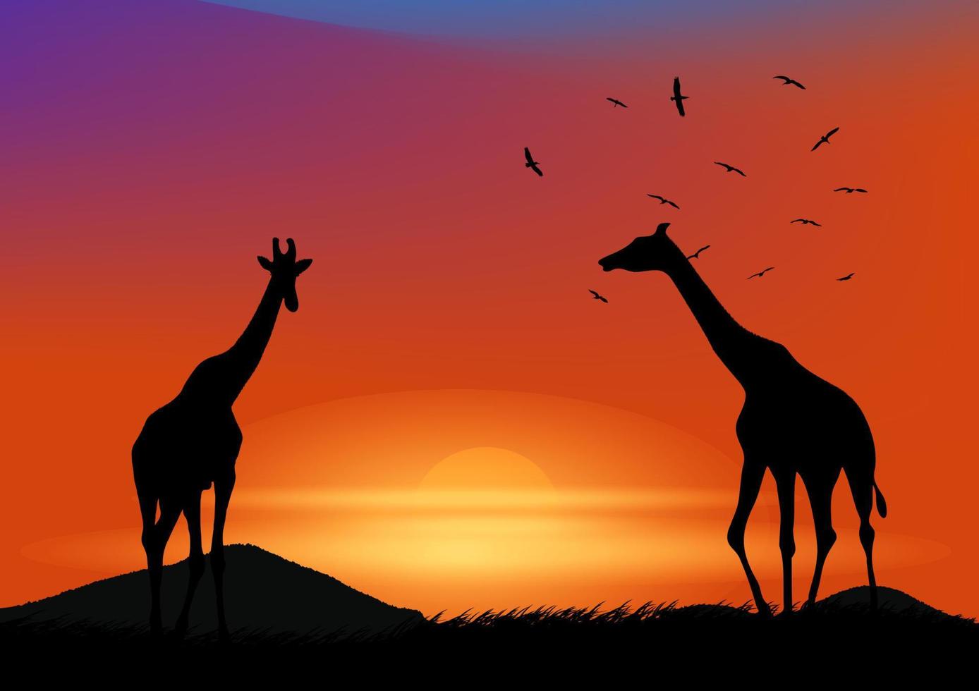 grafische landschapsweergave giraffe in het bos met bergachtergrond en schemering silhouet vectorillustratie vector