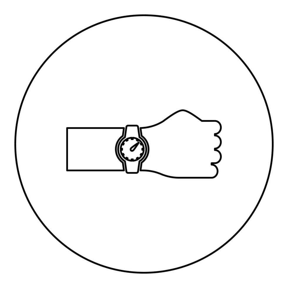 polshorloge op hand tijd op horloge handpictogram in cirkel ronde zwarte kleur vector illustratie afbeelding overzicht contour lijn dunne stijl