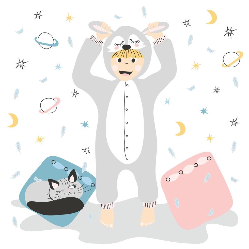 kind in kugurumi-pyjama's met een kat en kussens. schattige baby in pyjama op de achtergrond van kussens en veren met sterren. voor het ontwerp van een kinderalbum, poster of ansichtkaart. vector