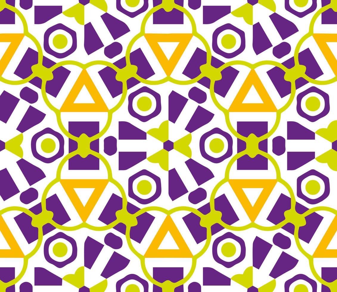 vector stof naadloze patroon. geometrische textuur background.mosaic stijl. kleurrijk creatief collagepatroon. paars, lichtgroen, oranje kleur.