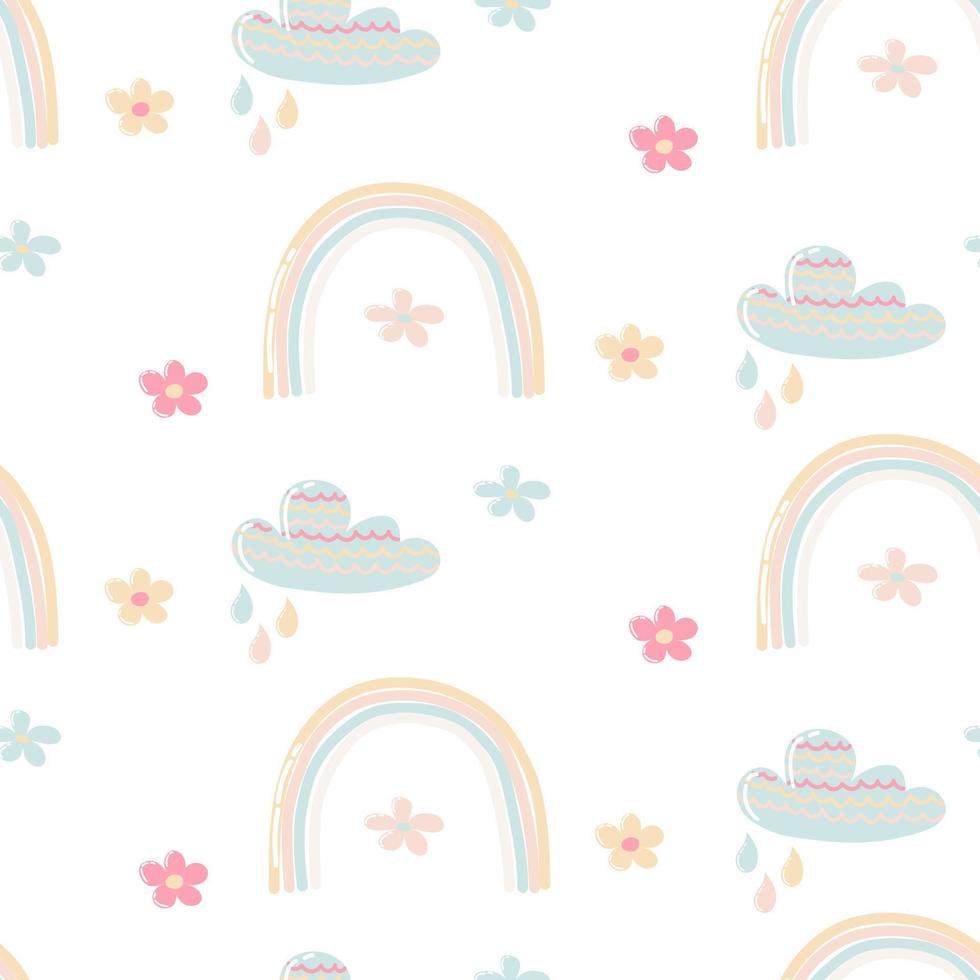 naadloze patroon met cartoon regenboog, wolk en bloemen op witte background.cute baby achtergrond om af te drukken op inpakpapier, stof, kleding. stof ontwerpelement. naadloos vectorpatroon. vector
