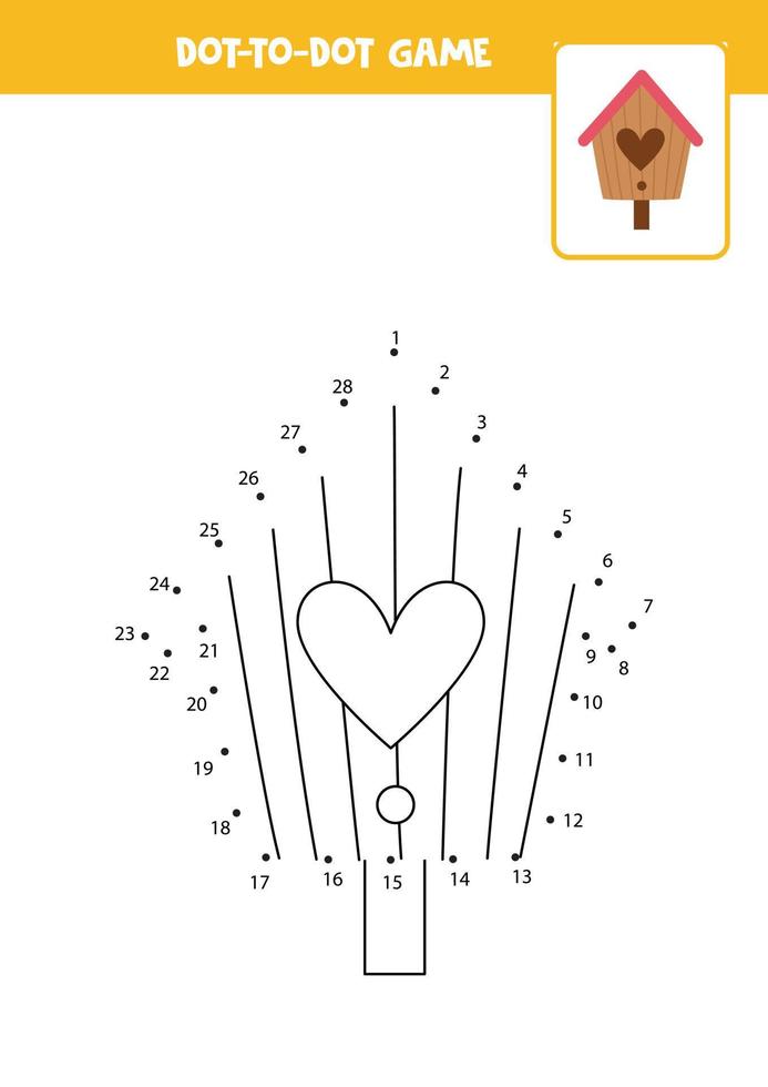 verbind het stippenspel met een houten vogelhuisje. vector