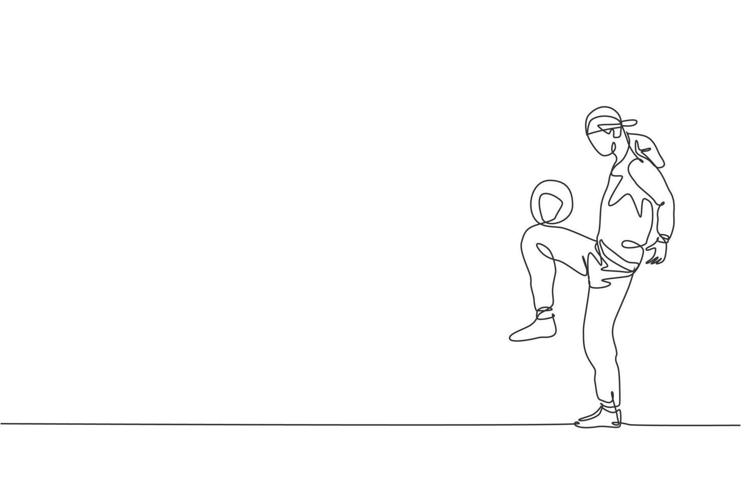 enkele doorlopende lijntekening van jonge sportieve man met bandan train voetbal freestyle, jongleren op het veld. voetbal freestyler concept. trendy één lijn tekenen grafisch ontwerp vectorillustratie vector