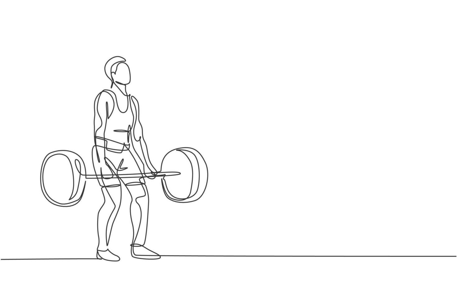 enkele doorlopende lijntekening van jonge sterke gewichtheffer man die zich voorbereidt op barbell training in de sportschool. gewichtheffen trainingsconcept. trendy één lijn tekenen ontwerp grafische vectorillustratie vector