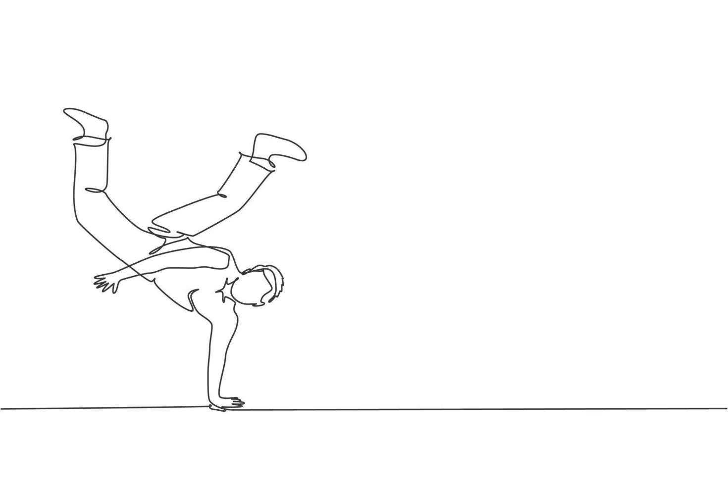 enkele doorlopende lijntekening van jonge sportieve man oefen braziliaanse capoeira beweging dans op buiten straat. cultuur krijgskunst en sport concept. trendy één lijn tekenen ontwerp vectorillustratie vector