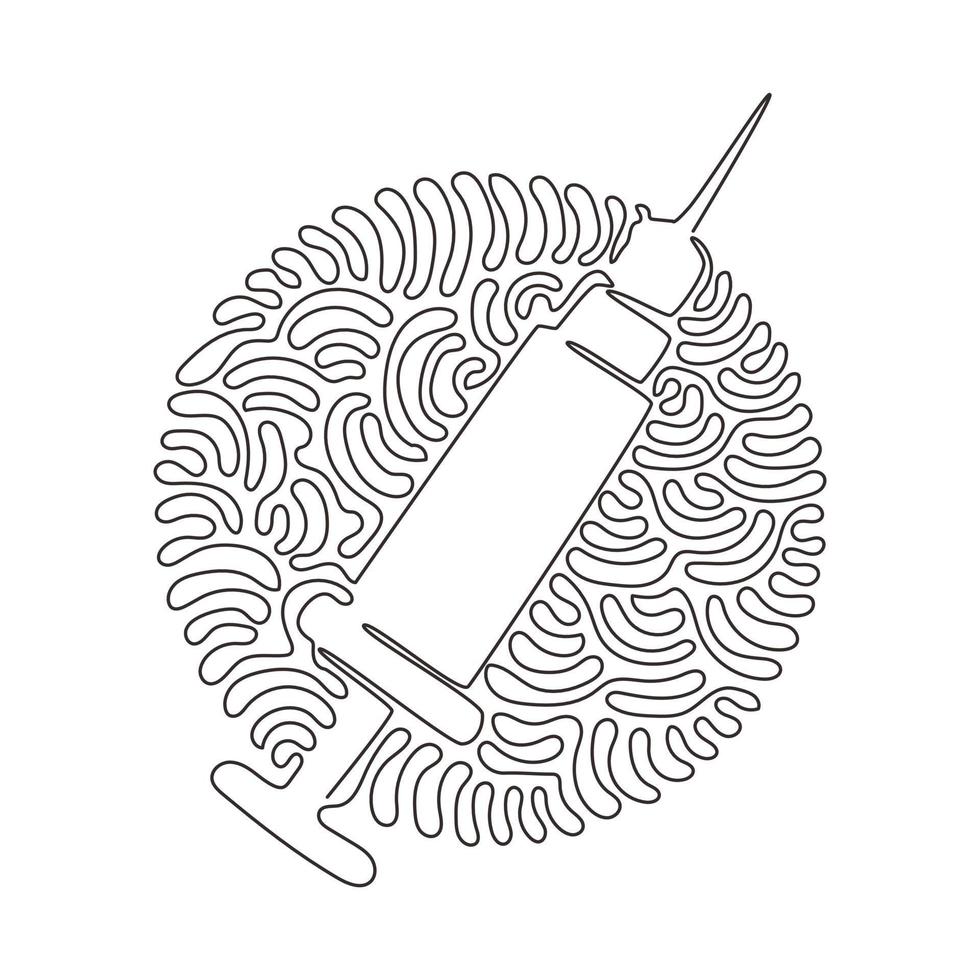 één lijntekening injectiespuit icoon. injectie medisch logo. vaccin en geneeskunde symbool. swirl curl cirkel achtergrondstijl. moderne doorlopende lijn tekenen ontwerp grafische vectorillustratie vector