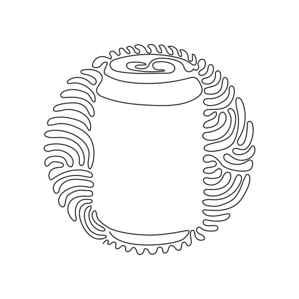 enkele één lijntekening cola frisdrank in aluminium blikje. koude frisdrank om naar te snakken naar een verfrissend gevoel. swirl curl cirkel achtergrondstijl. moderne doorlopende lijn tekenen ontwerp grafische vectorillustratie vector