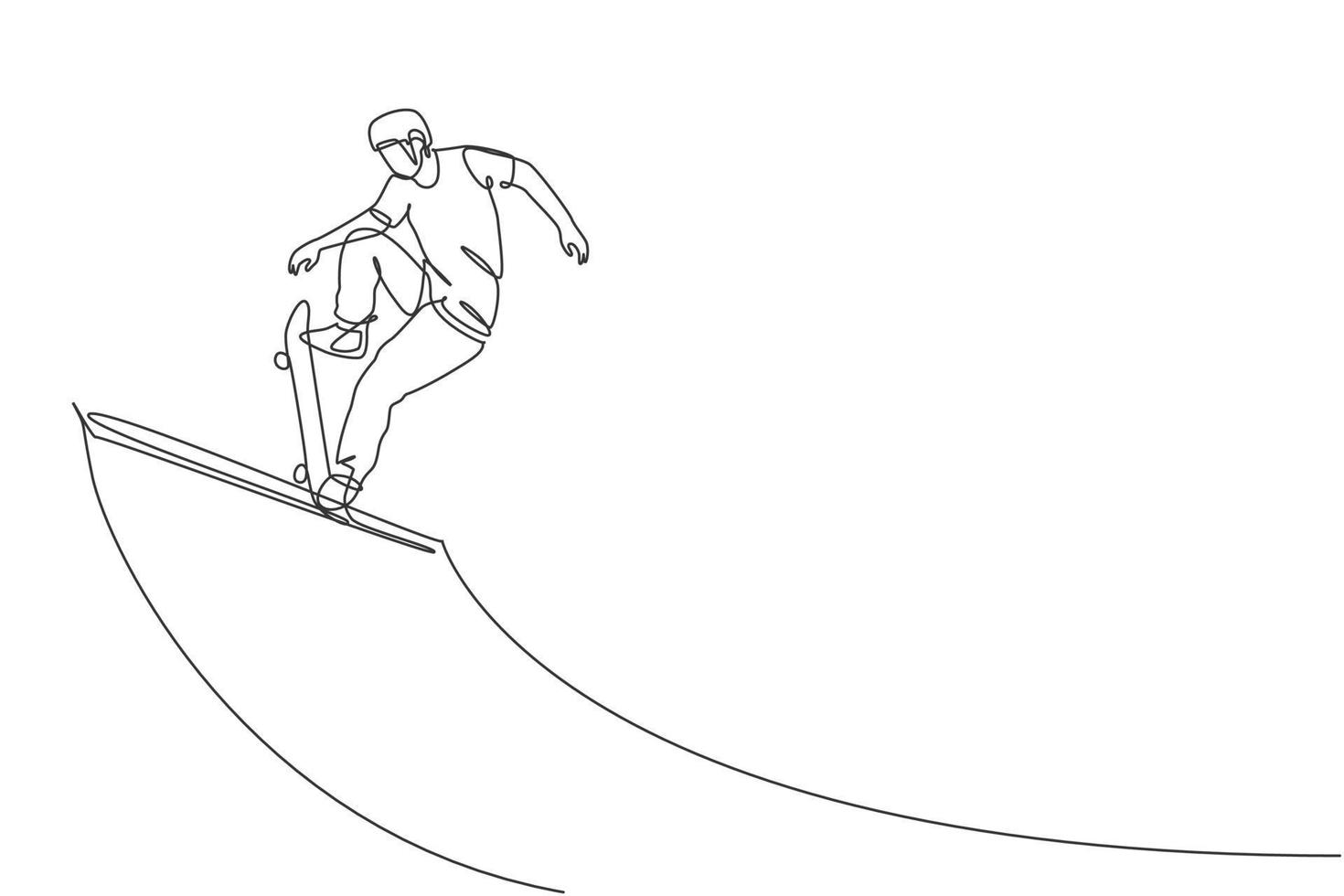 een enkele lijntekening van jonge skateboarder man oefening rijden skateboard op ramp board vectorillustratie. tiener levensstijl en extreme buitensport concept. modern ononderbroken lijntekeningontwerp vector