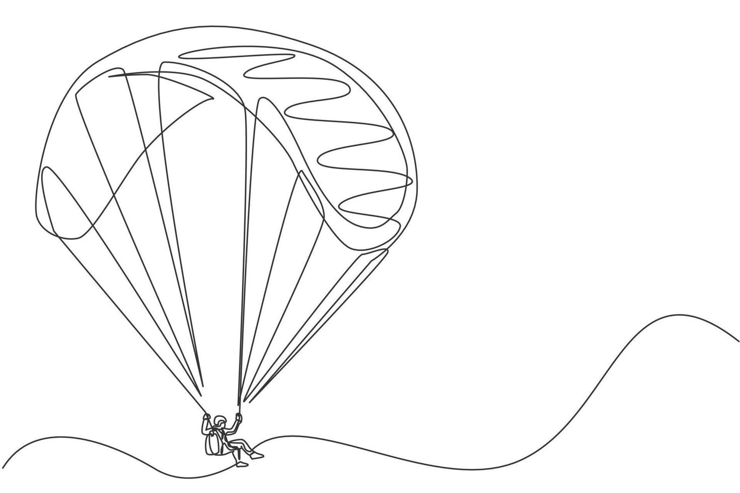 een enkele lijntekening van jonge sportieve man vliegen met paragliding parachute op de hemel vector afbeelding afbeelding. extreem sportconcept. modern ononderbroken lijntekeningontwerp