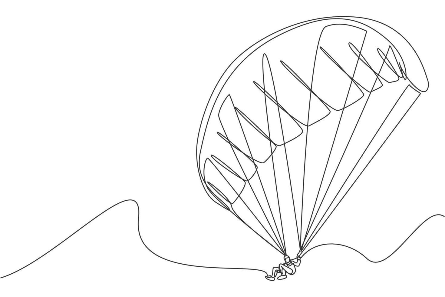 enkele doorlopende lijntekening van een jonge toeristische man die met paragliding parachute aan de hemel vliegt. extreme vakantie vakantie sport concept. trendy één lijn tekenen ontwerp vector grafische afbeelding