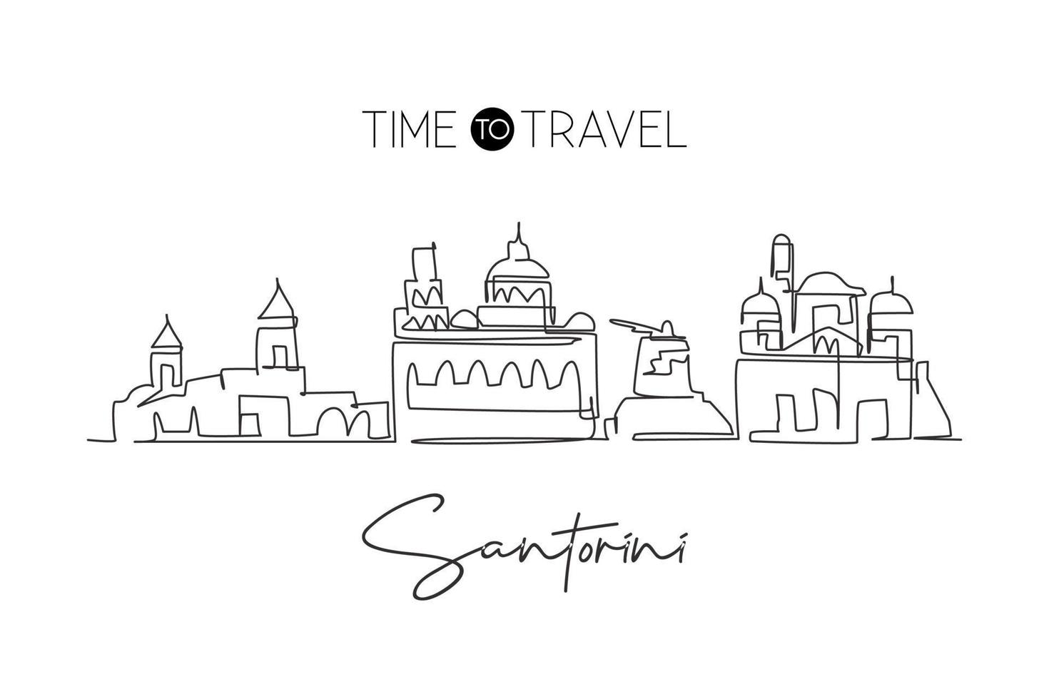 enkele lijntekening santorini skyline van de stad, griekenland. wereld historisch stadslandschap. beste vakantiebestemming briefkaart. bewerkbare lijn trendy doorlopende lijn tekenen ontwerp vectorillustratie vector