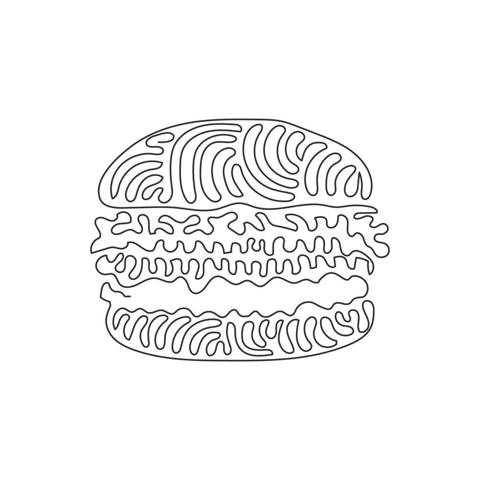 enkele één lijntekening hamburger, cheeseburger. broodje met kotelet, kaas, sla, tomaat. Amerikaans straat fastfood. swirl krul stijl. moderne doorlopende lijn tekenen ontwerp grafische vectorillustratie vector