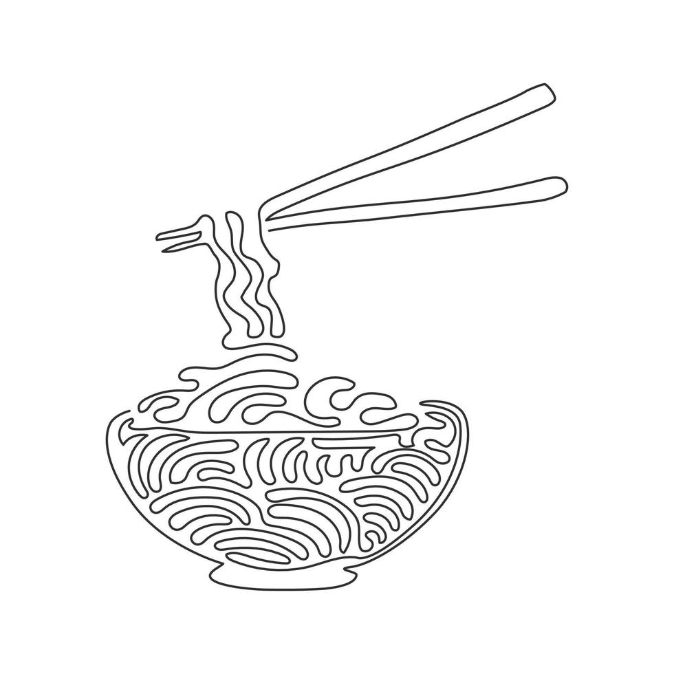 enkele één lijntekening noodle in kom. aziatische ramen oosters, traditioneel chinees restaurant met pasta en eetstokjes. swirl krul stijl. moderne doorlopende lijn tekenen ontwerp grafische vectorillustratie vector