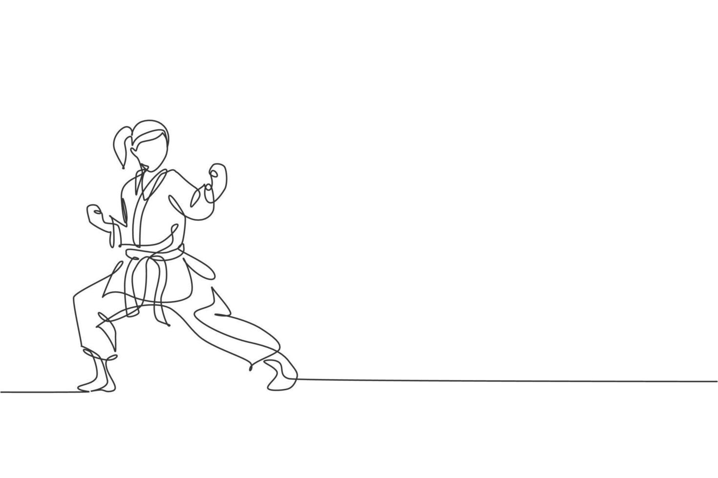 één enkele lijntekening van jong sportief karateka-meisje in gevechtsuniform met riem die krijgskunst uitoefent op sportschool vectorillustratie. gezonde sport levensstijl concept. modern ononderbroken lijntekeningontwerp vector