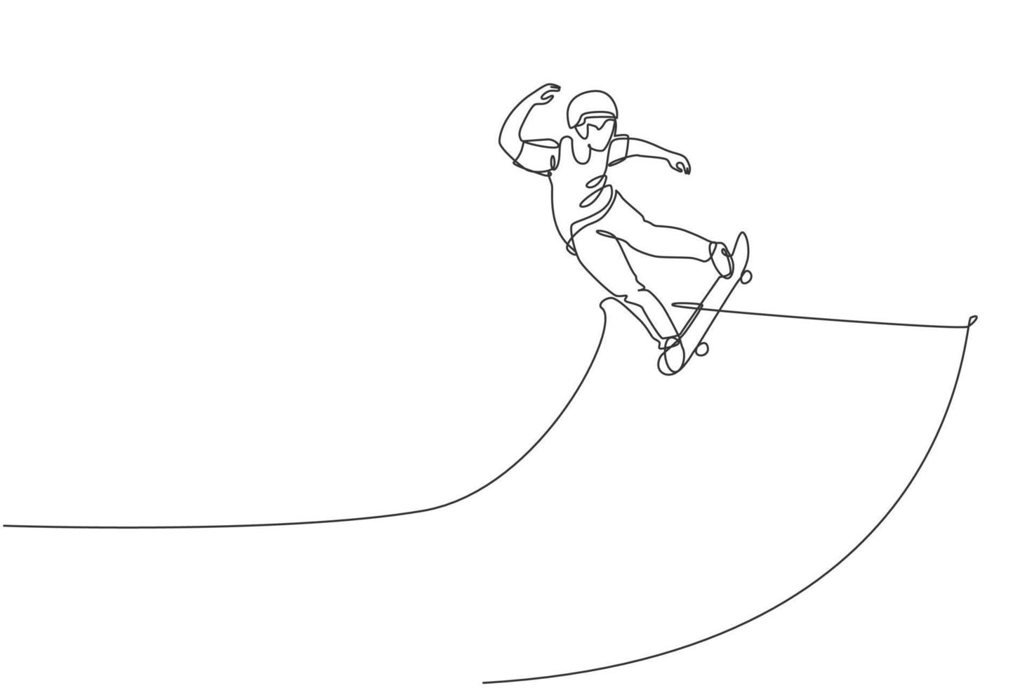 een enkele lijntekening van jonge skateboarder man oefening rijden skateboard in stad straat vectorillustratie. extreme tiener levensstijl en buitensport concept. modern ononderbroken lijntekeningontwerp vector