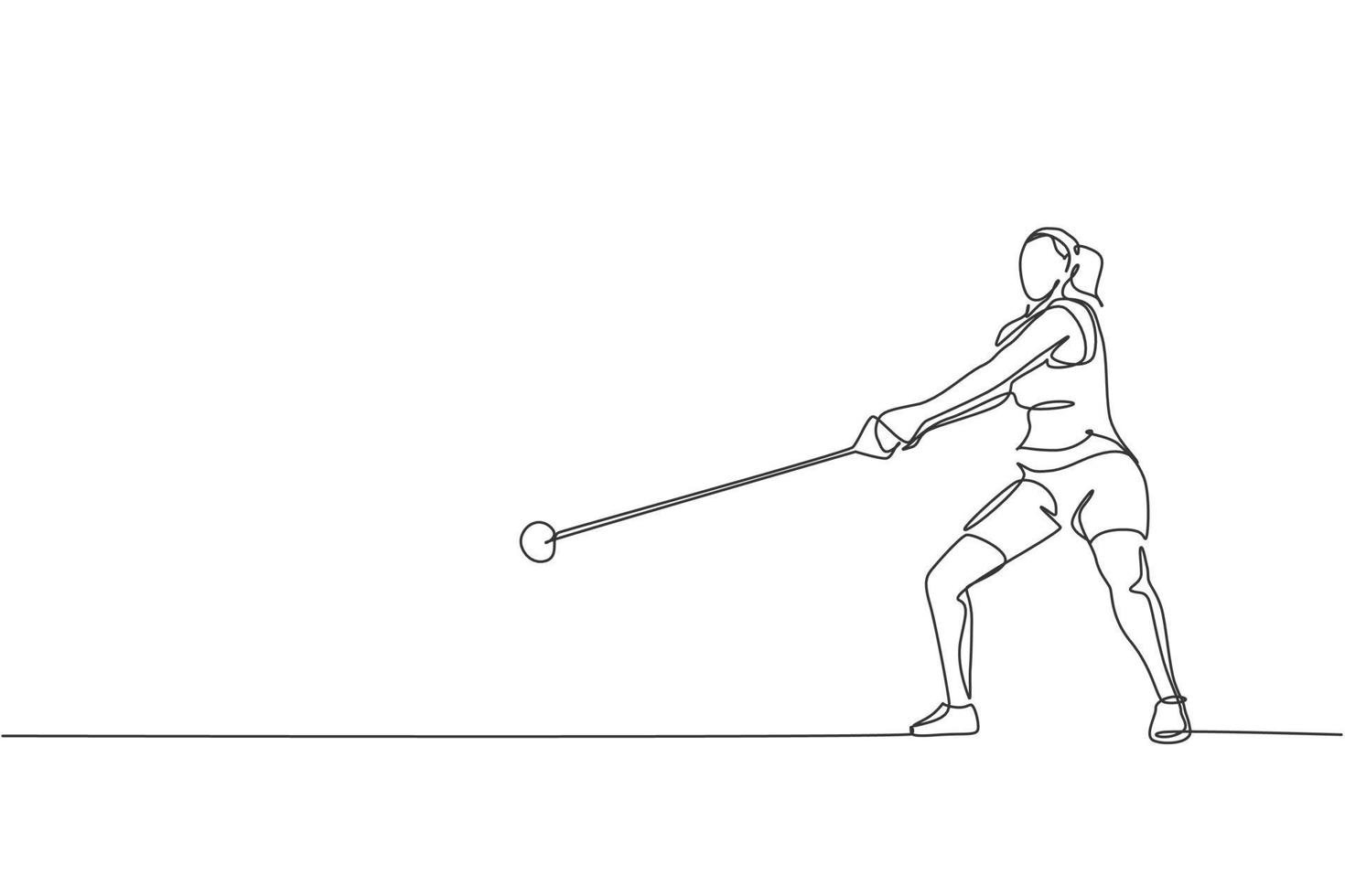 een doorlopende lijntekening van jonge sportieve vrouw die zich moet concentreren voordat ze een zware hamer op het veld gooit. atletische spellen. olympisch sportconcept. dynamische enkele lijn tekenen ontwerp vectorillustratie vector