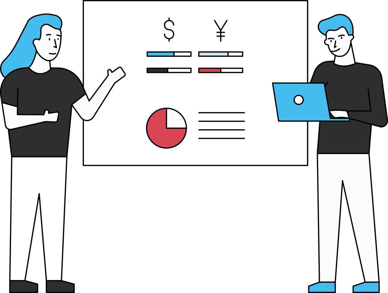 de jongens werken aan de dollar en de yen. vector