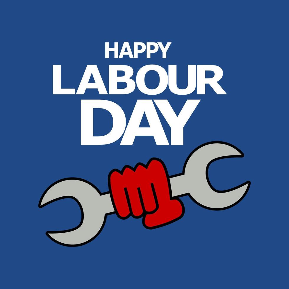 arbeidsdag vector poster, met sterke rode vuist op blauwe achtergrond. werknemers dag poster.